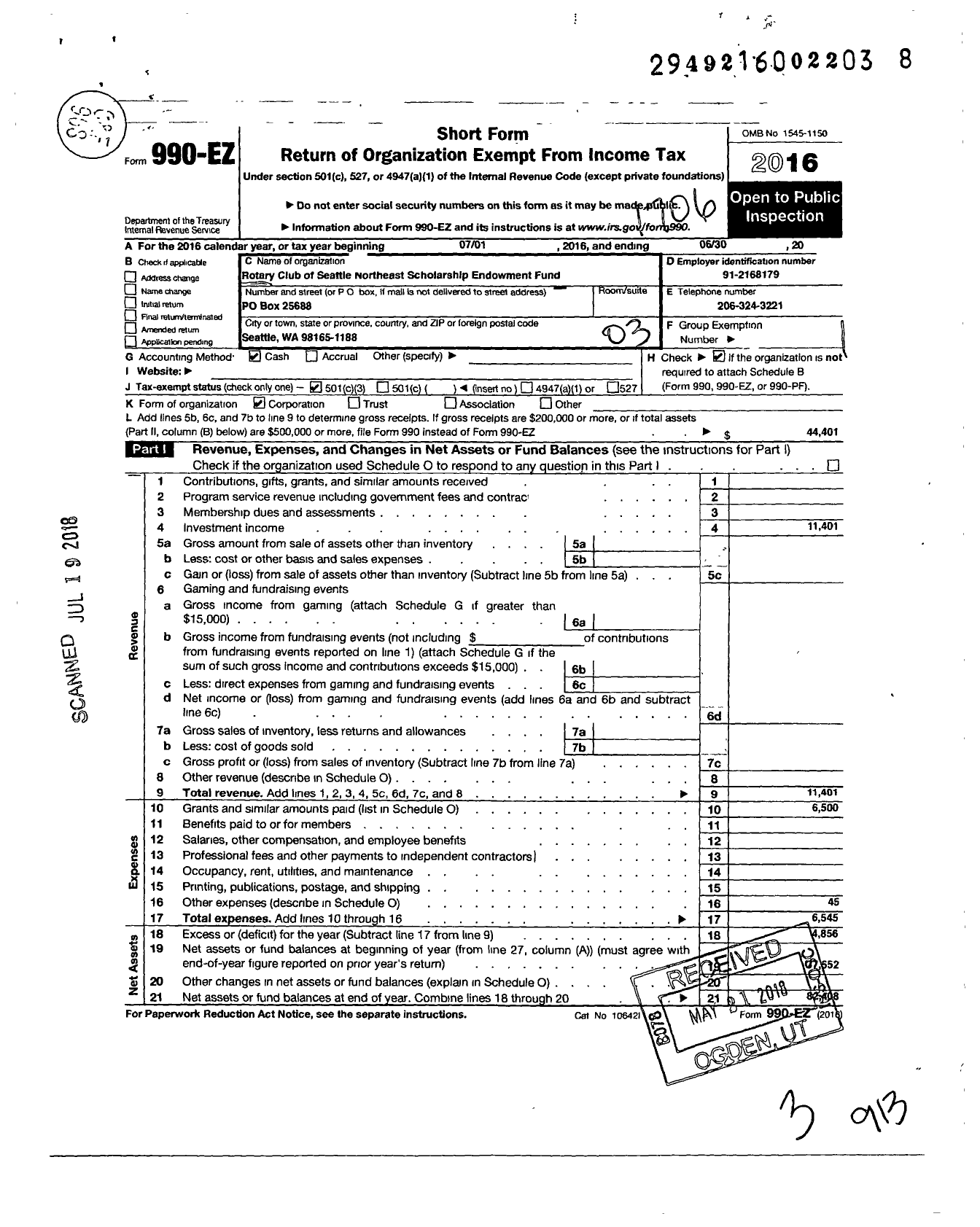 Image of first page of 2016 Form 990EZ for Rotary Club of Seattle Northeast Scholarship Endowment Fund