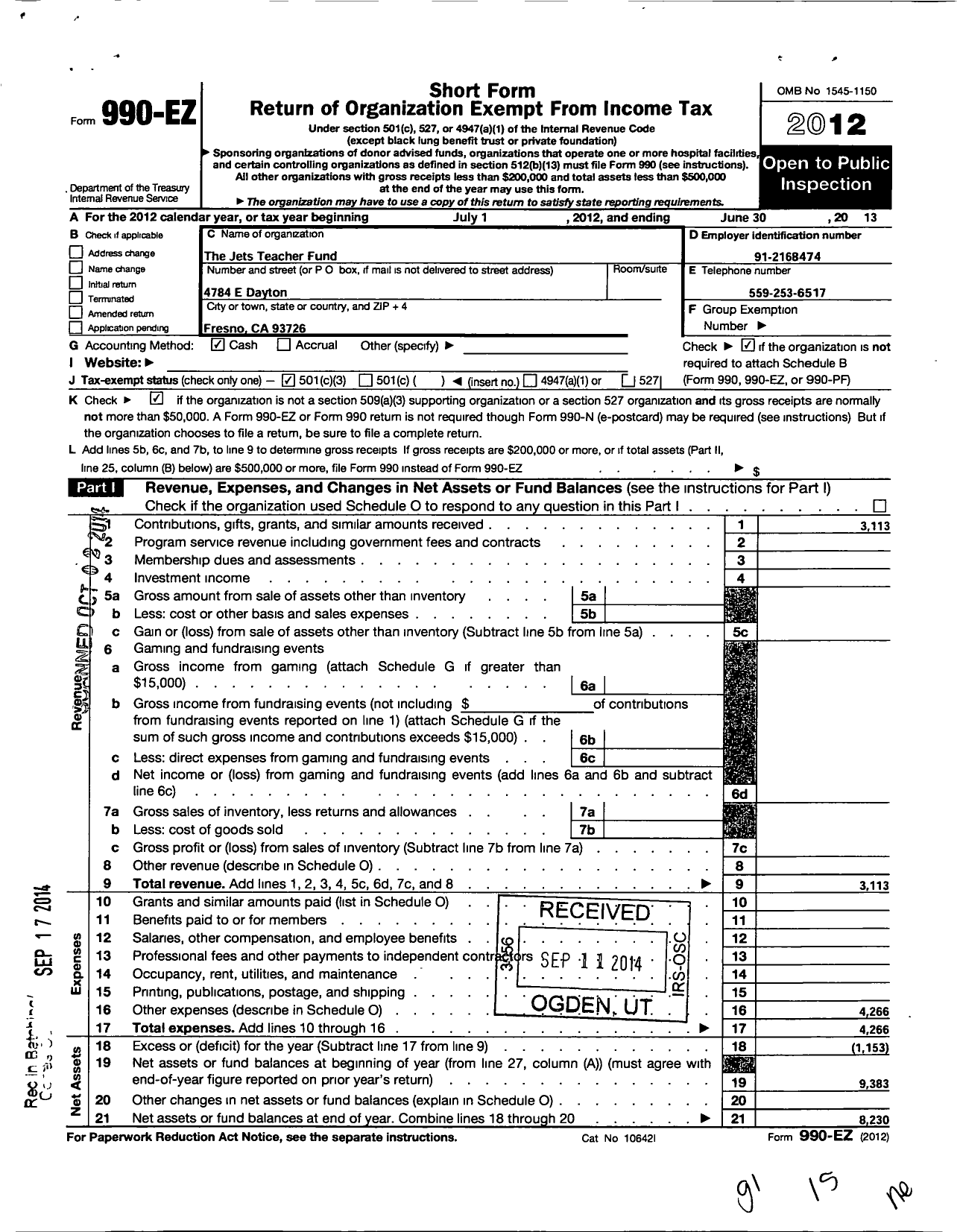 Image of first page of 2012 Form 990EZ for The Jets Teachers Fund