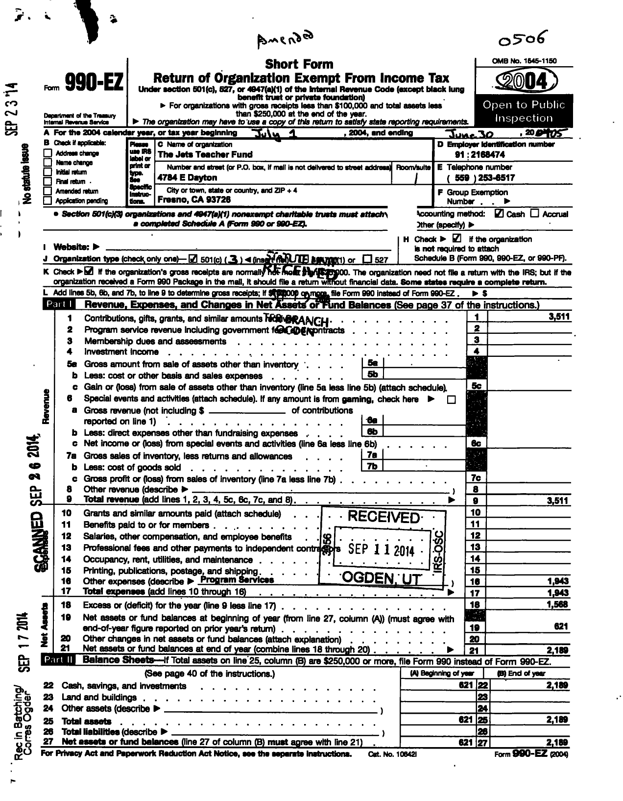 Image of first page of 2004 Form 990EZ for The Jets Teachers Fund