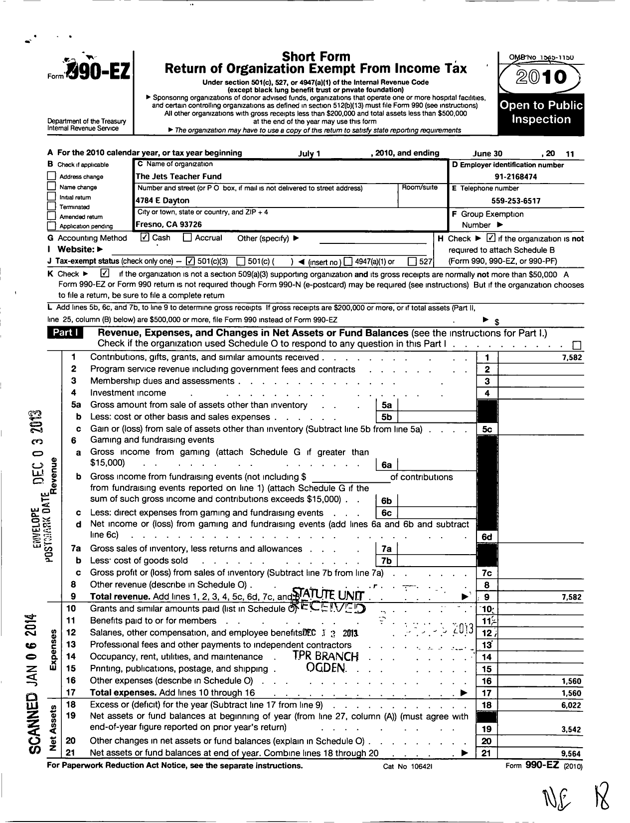Image of first page of 2010 Form 990EZ for The Jets Teachers Fund