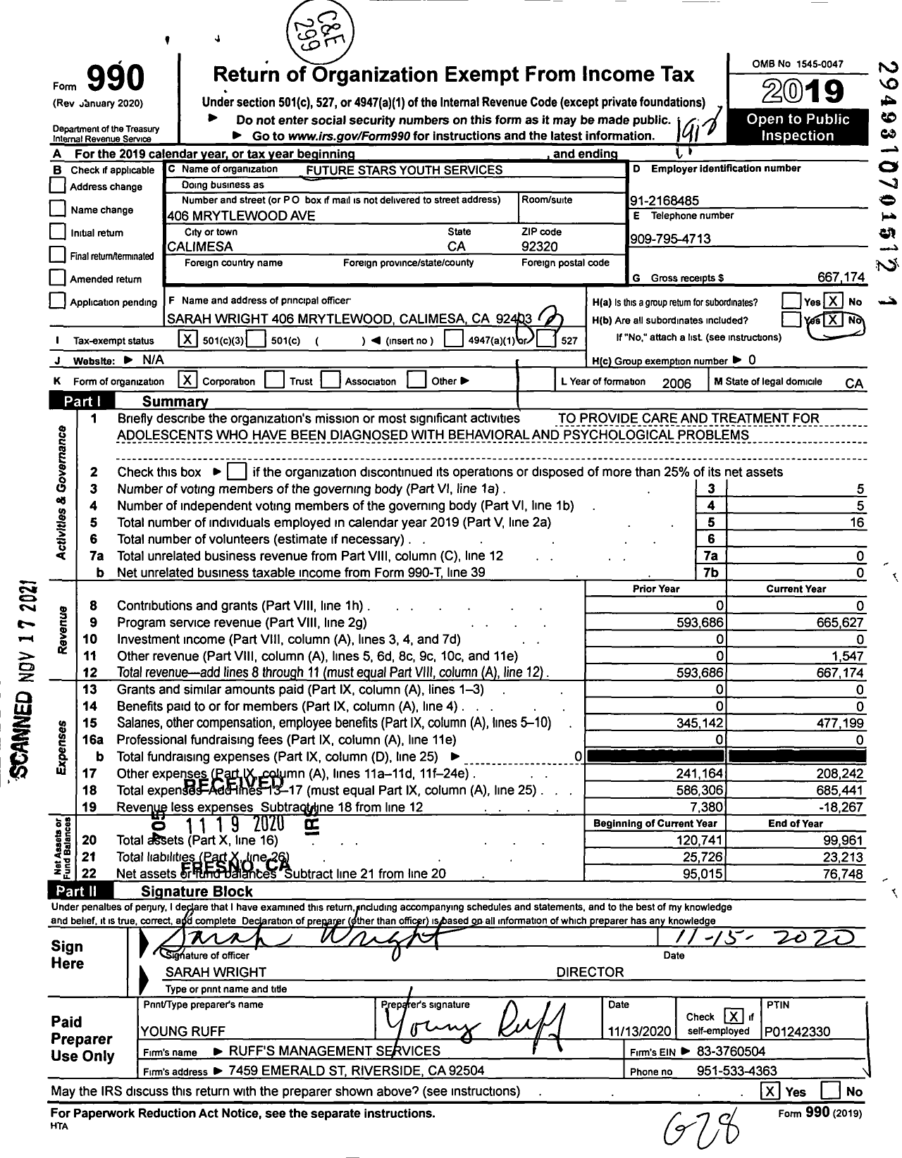 Image of first page of 2019 Form 990 for Future Stars Youth Services