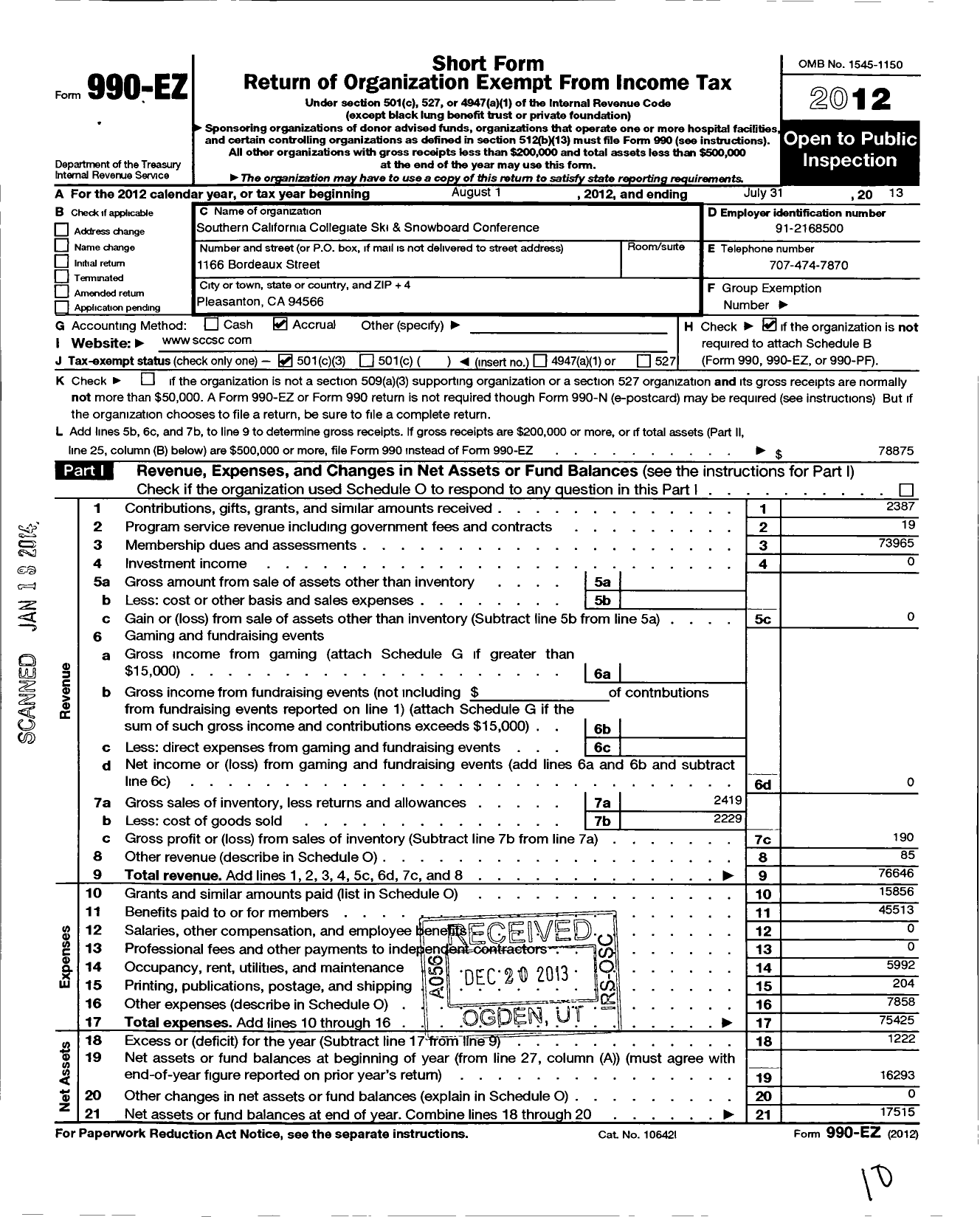 Image of first page of 2012 Form 990EZ for Southern California Collegiate Ski and Snowboard Conference