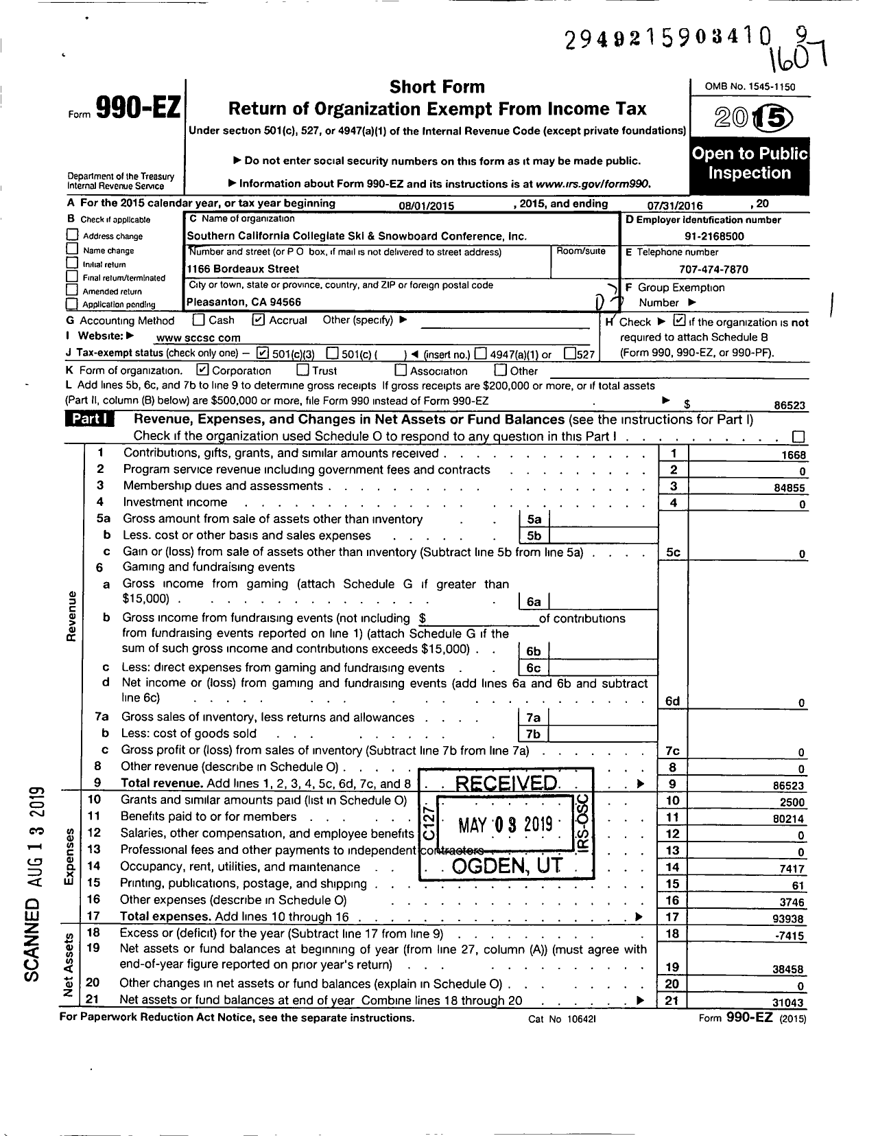 Image of first page of 2015 Form 990EZ for Southern California Collegiate Ski and Snowboard Conference