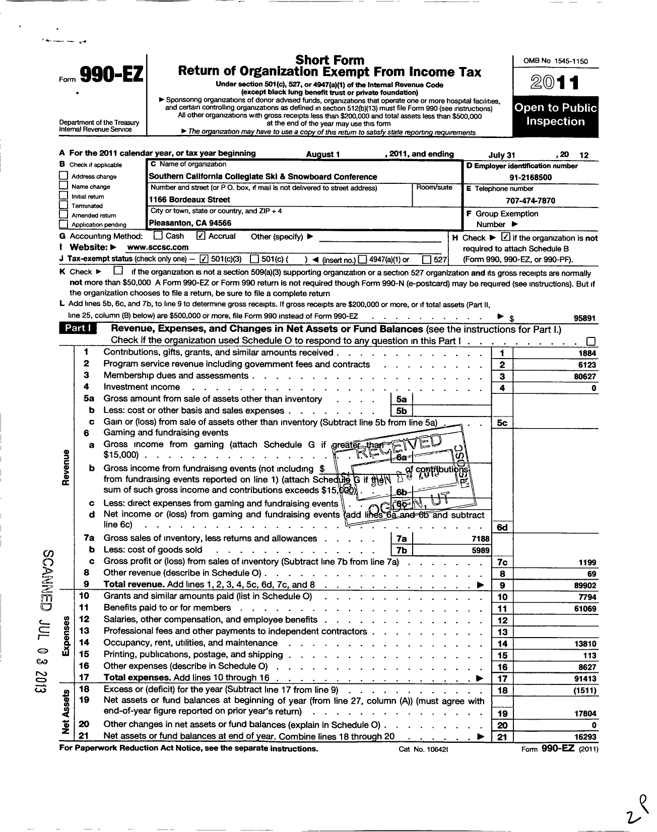 Image of first page of 2011 Form 990EZ for Southern California Collegiate Ski and Snowboard Conference