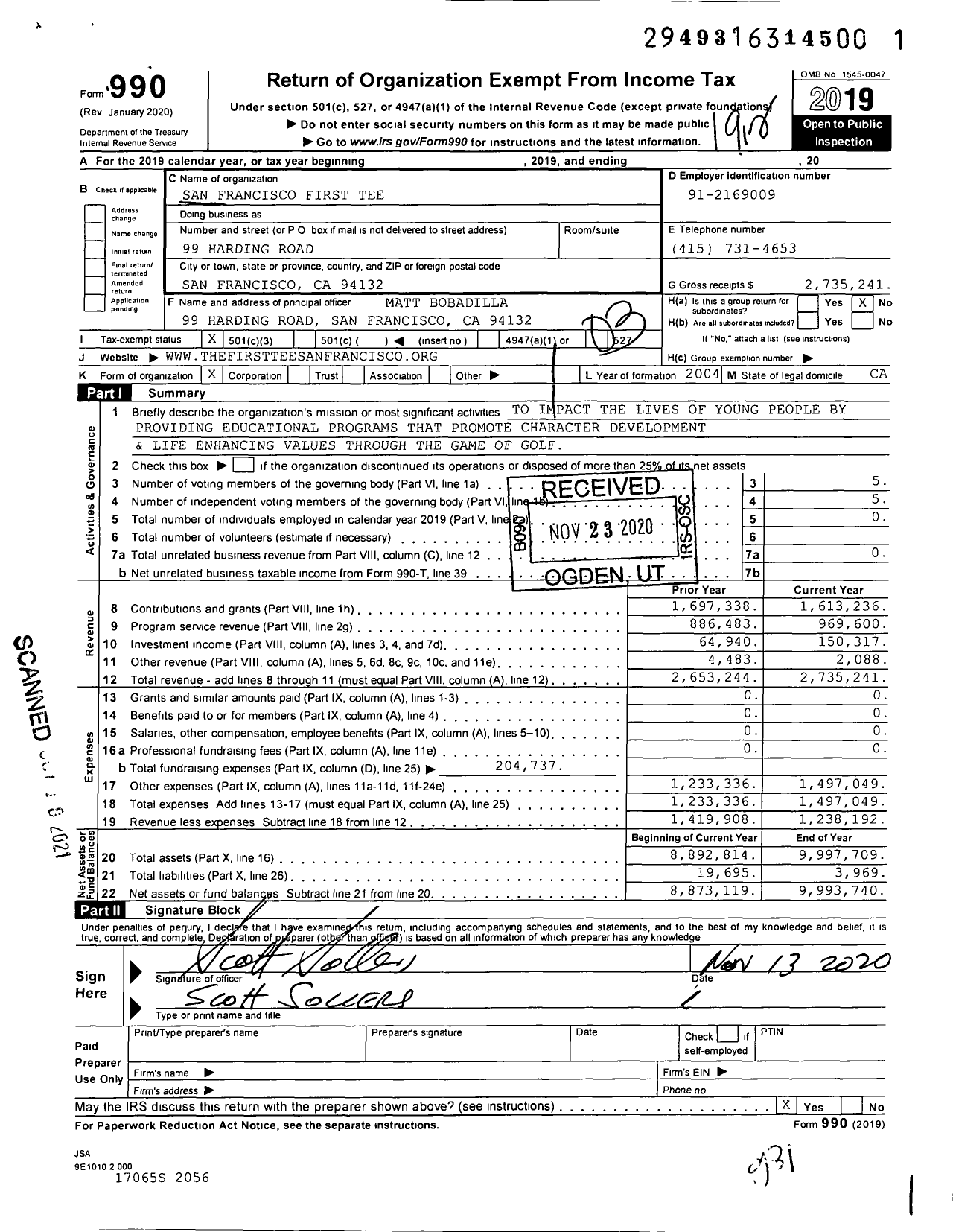 Image of first page of 2019 Form 990 for San Francisco First Tee