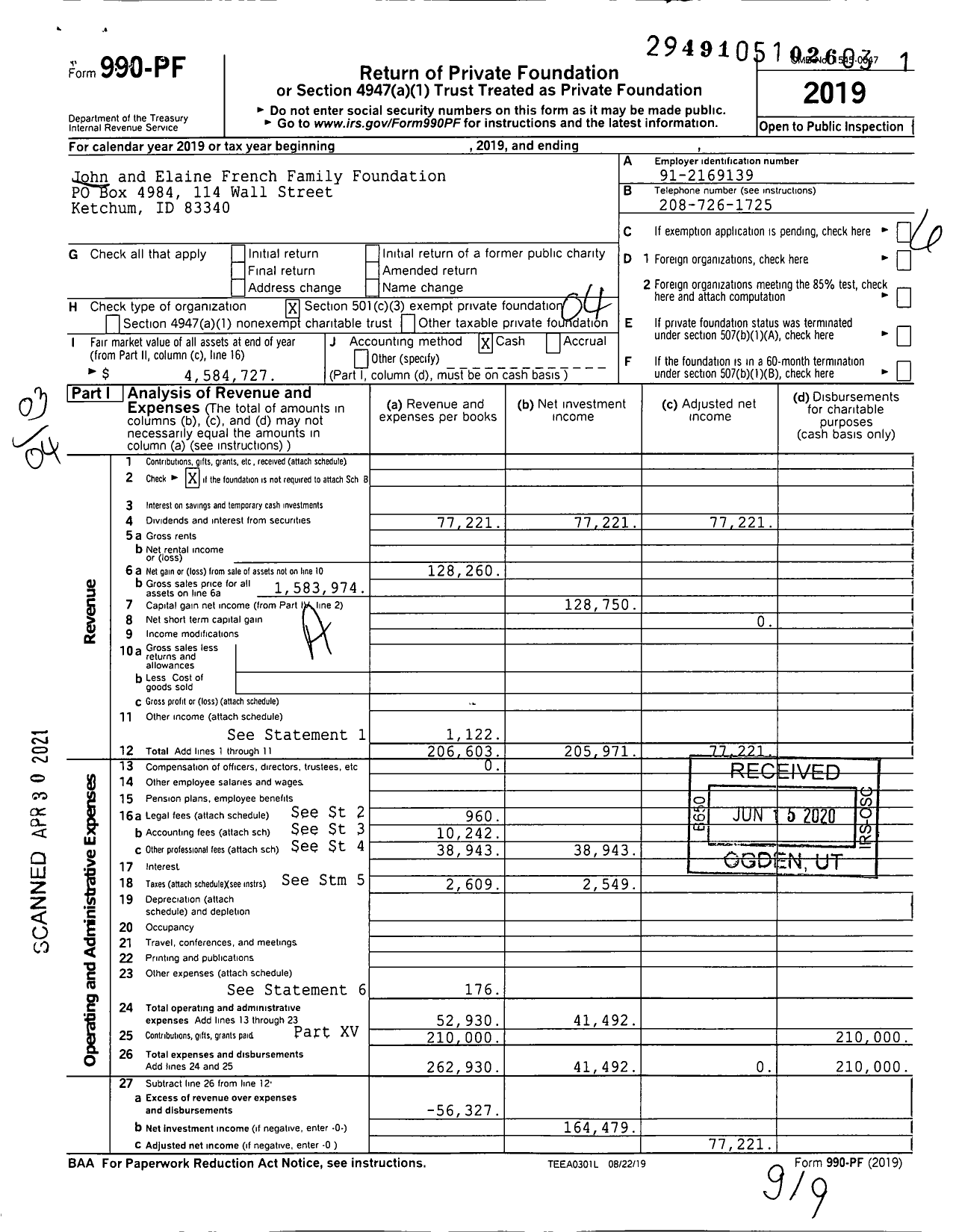Image of first page of 2019 Form 990PF for John and Elaine French Family Foundation