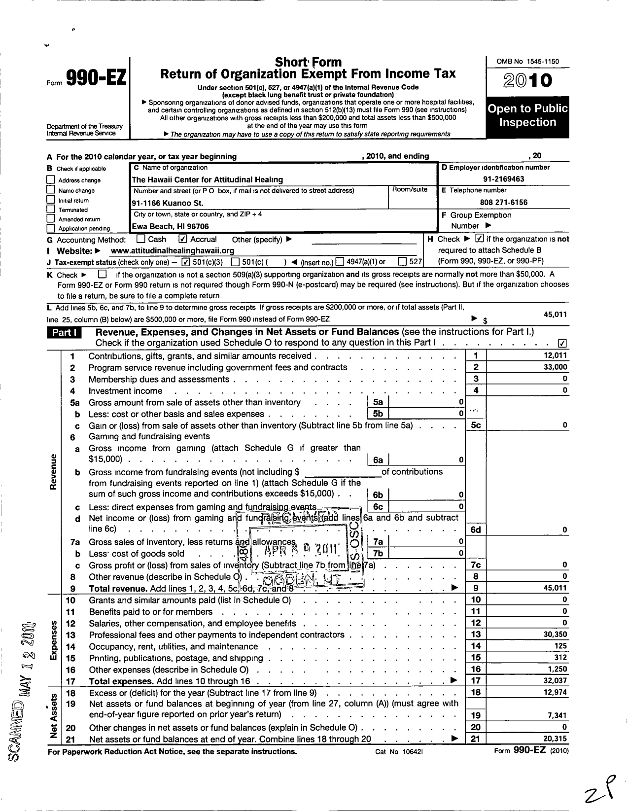 Image of first page of 2010 Form 990EZ for The Hawaii Center for Attitudinal Healing