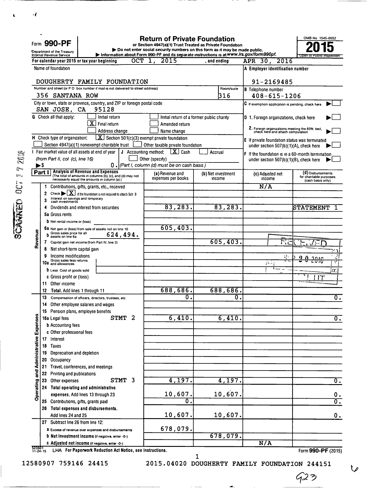 Image of first page of 2015 Form 990PF for Dougherty Family Foundation