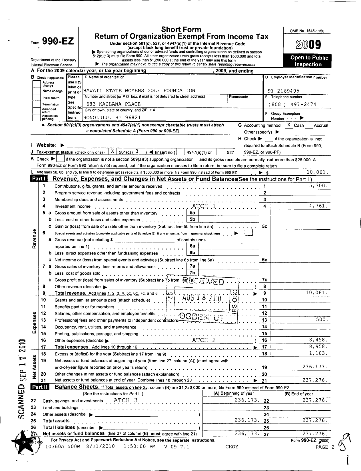 Image of first page of 2009 Form 990EZ for Hawaii State Womens Golf Foundation