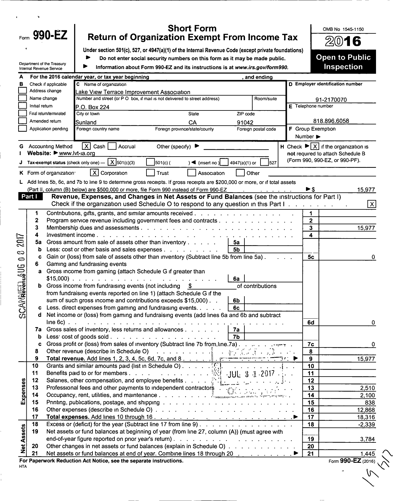 Image of first page of 2016 Form 990EZ for Lakeview Terrace Improvement Association