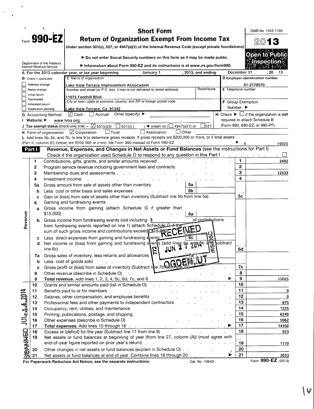 Image of first page of 2013 Form 990EZ for Lakeview Terrace Improvement Association