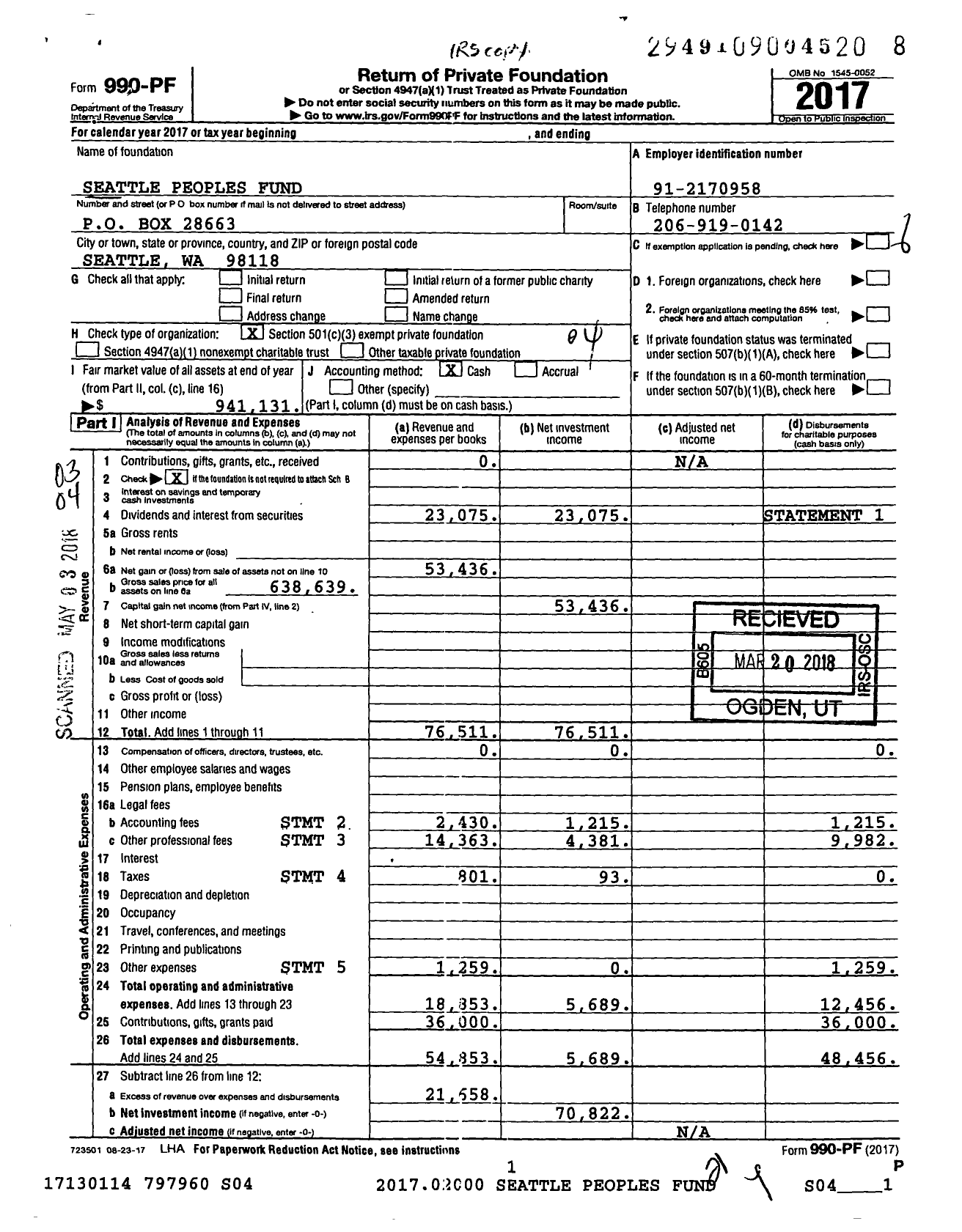 Image of first page of 2017 Form 990PF for Seattle Peoples Fund