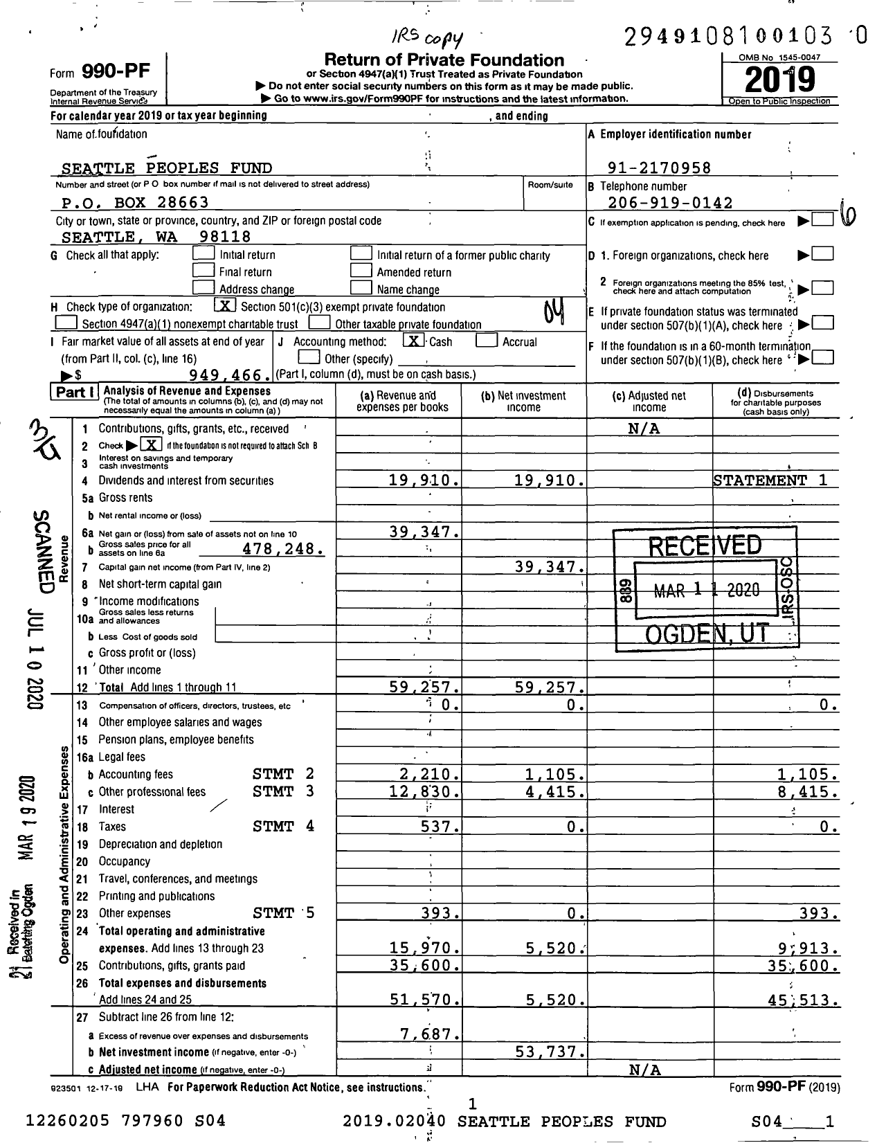 Image of first page of 2019 Form 990PR for Seattle Peoples Fund