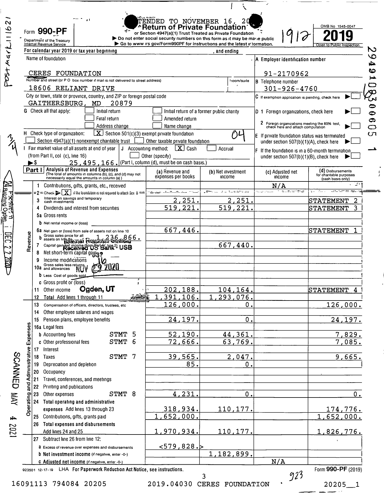 Image of first page of 2019 Form 990PF for The Ceres Foundation