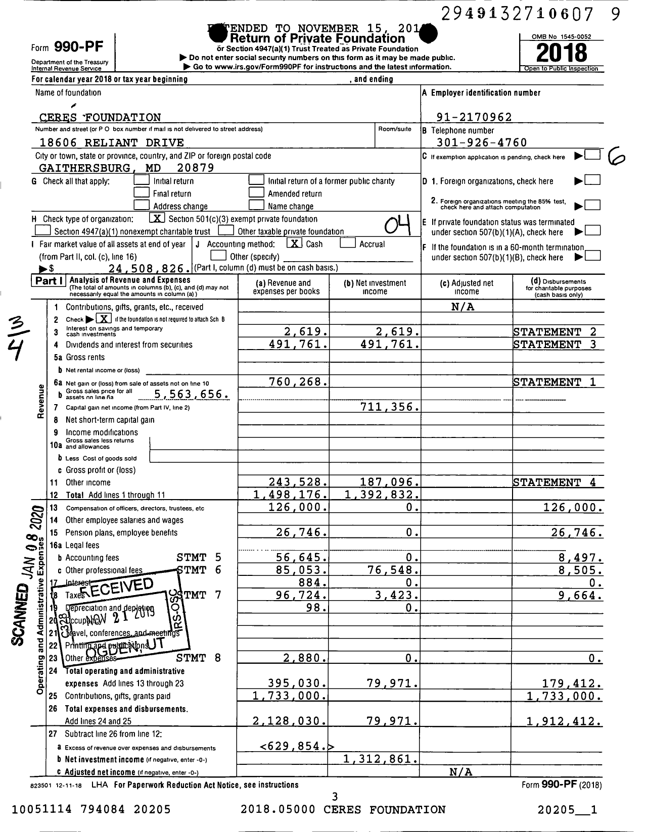 Image of first page of 2018 Form 990PF for The Ceres Foundation