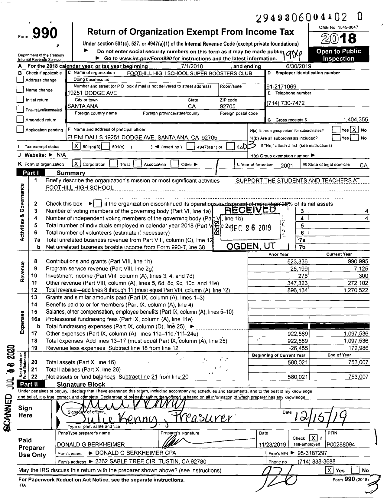 Image of first page of 2018 Form 990 for Foothill High School