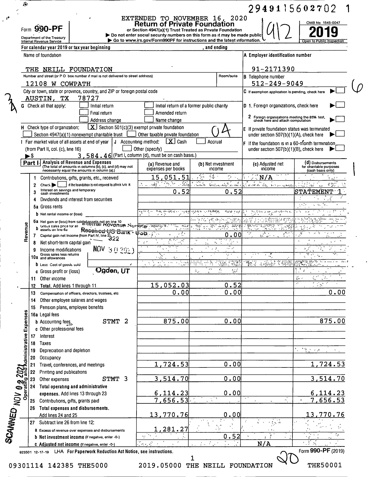 Image of first page of 2019 Form 990PF for The Neill Foundation
