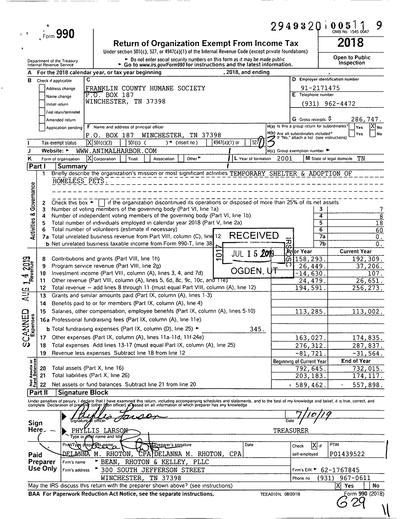 Image of first page of 2018 Form 990 for Franklin County Humane Society