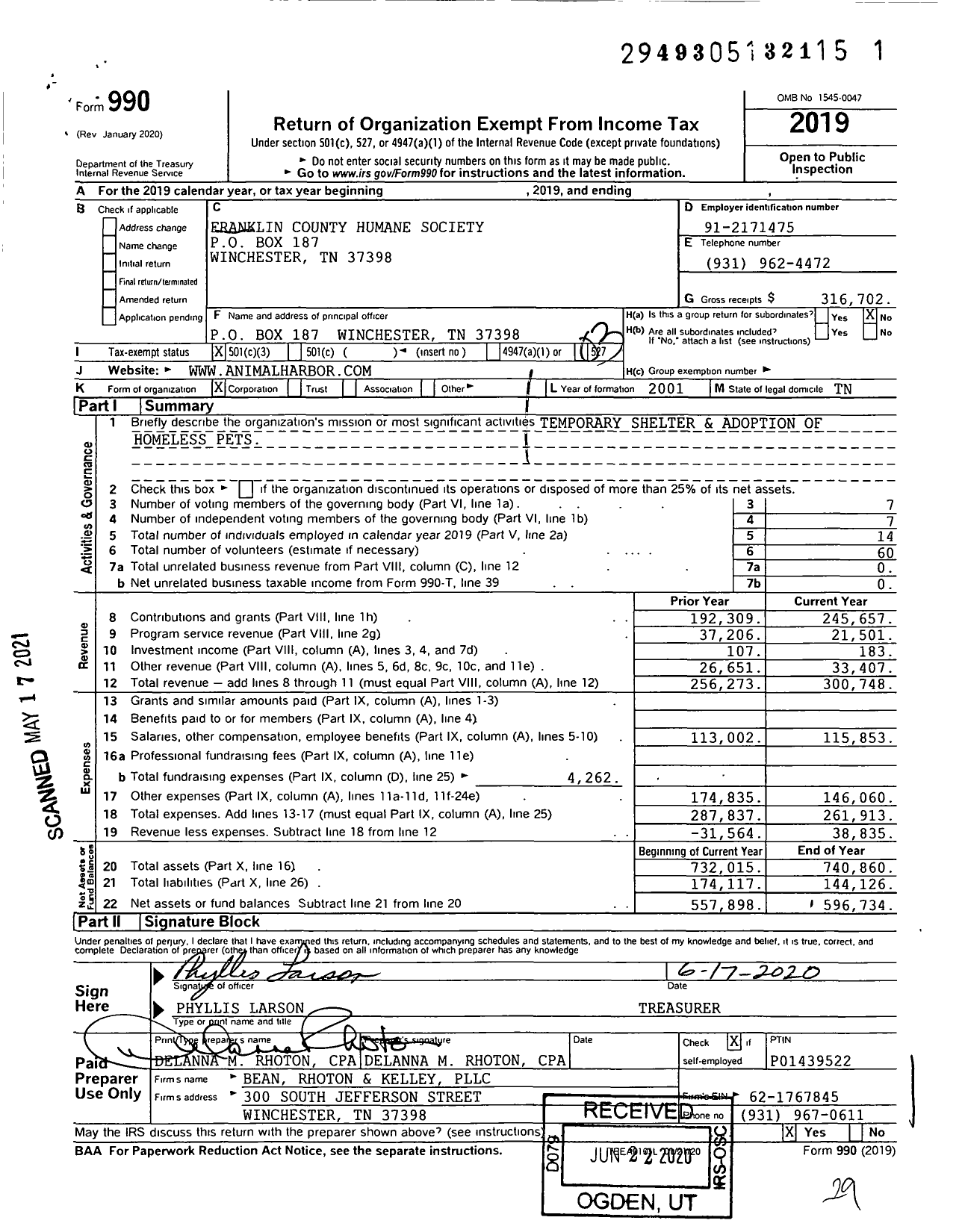 Image of first page of 2019 Form 990 for Franklin County Humane Society