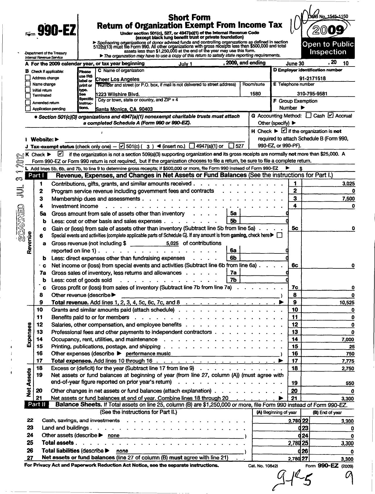 Image of first page of 2009 Form 990EZ for Cheer Los Angeles