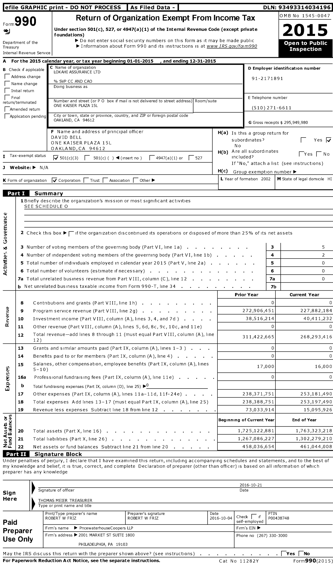 Image of first page of 2015 Form 990 for Lokahi Assurance