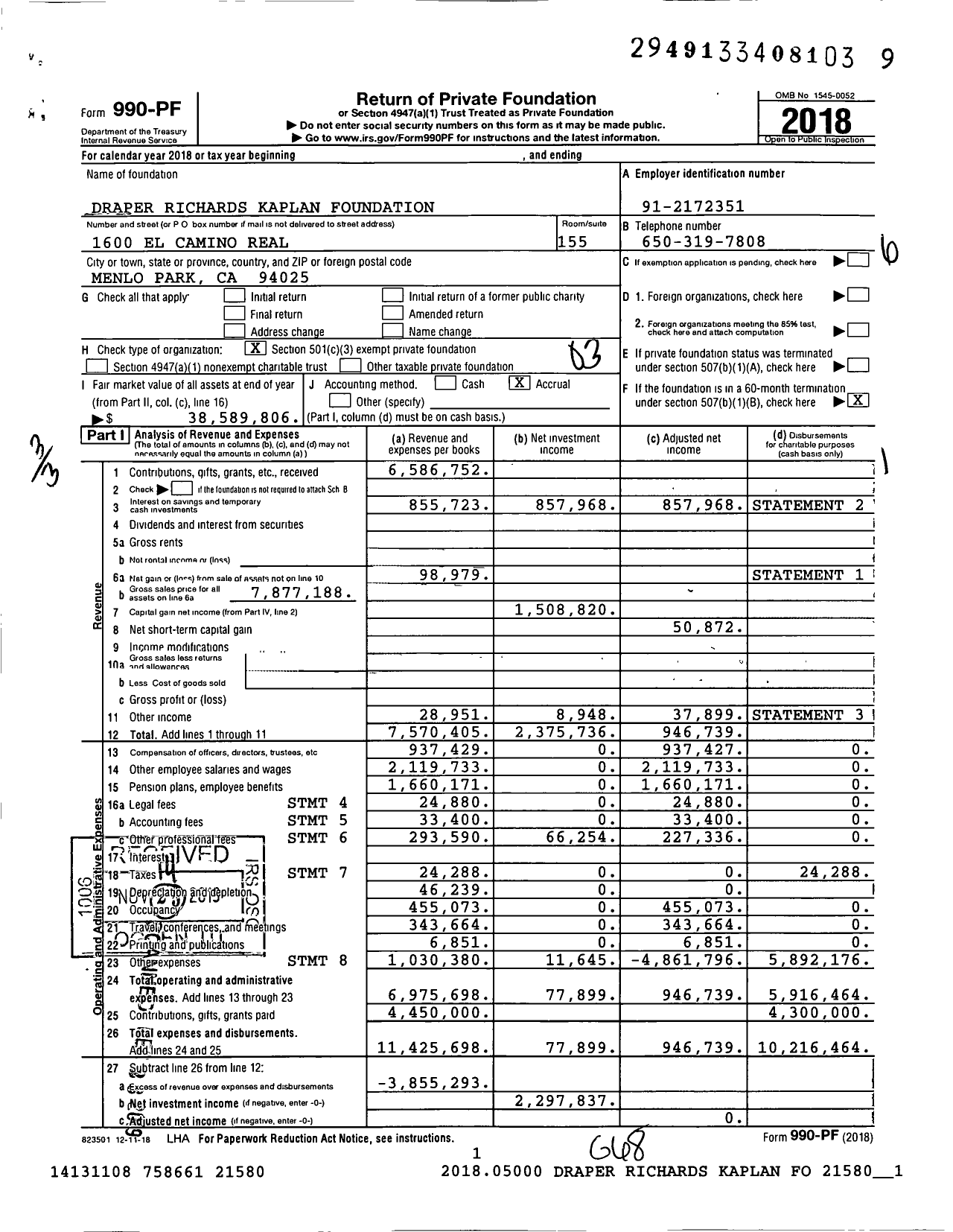 Image of first page of 2018 Form 990PF for Draper Richards Kaplan Foundation (DRK)