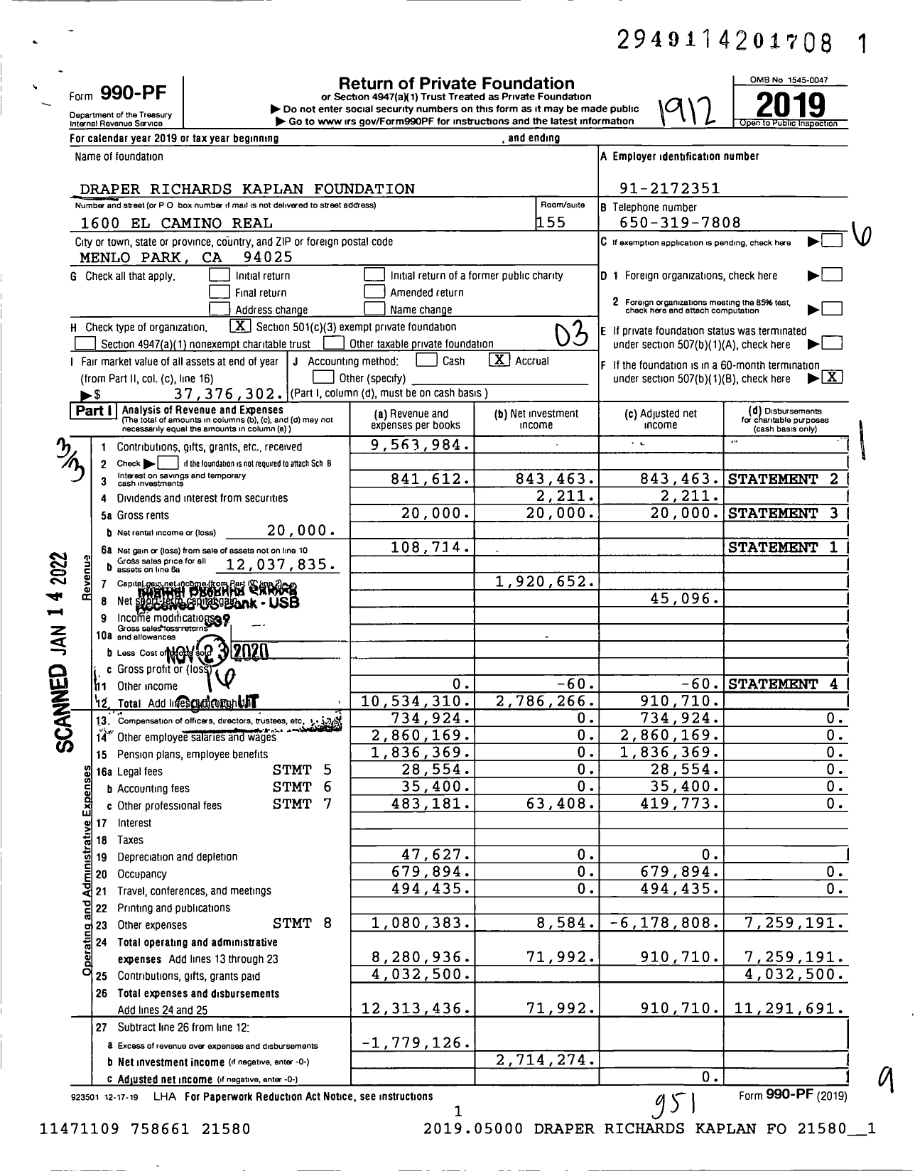 Image of first page of 2019 Form 990PF for Draper Richards Kaplan Foundation (DRK)