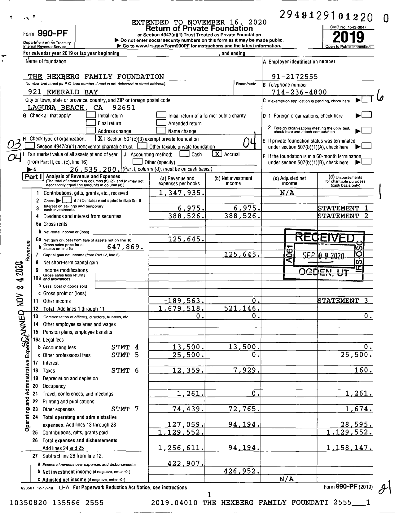 Image of first page of 2019 Form 990PF for The Hexberg Family Foundation