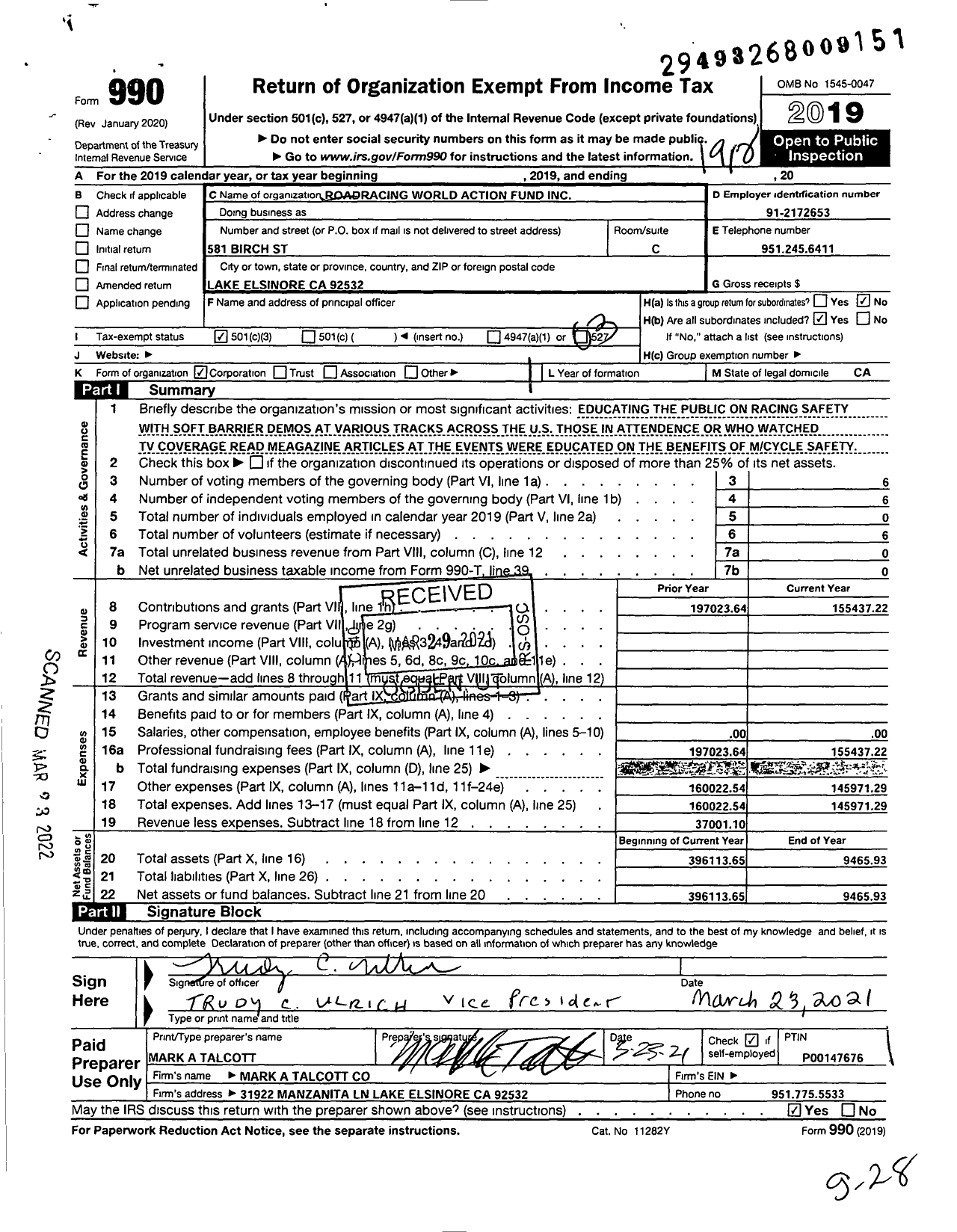 Image of first page of 2019 Form 990 for Roadracing World Action Fund