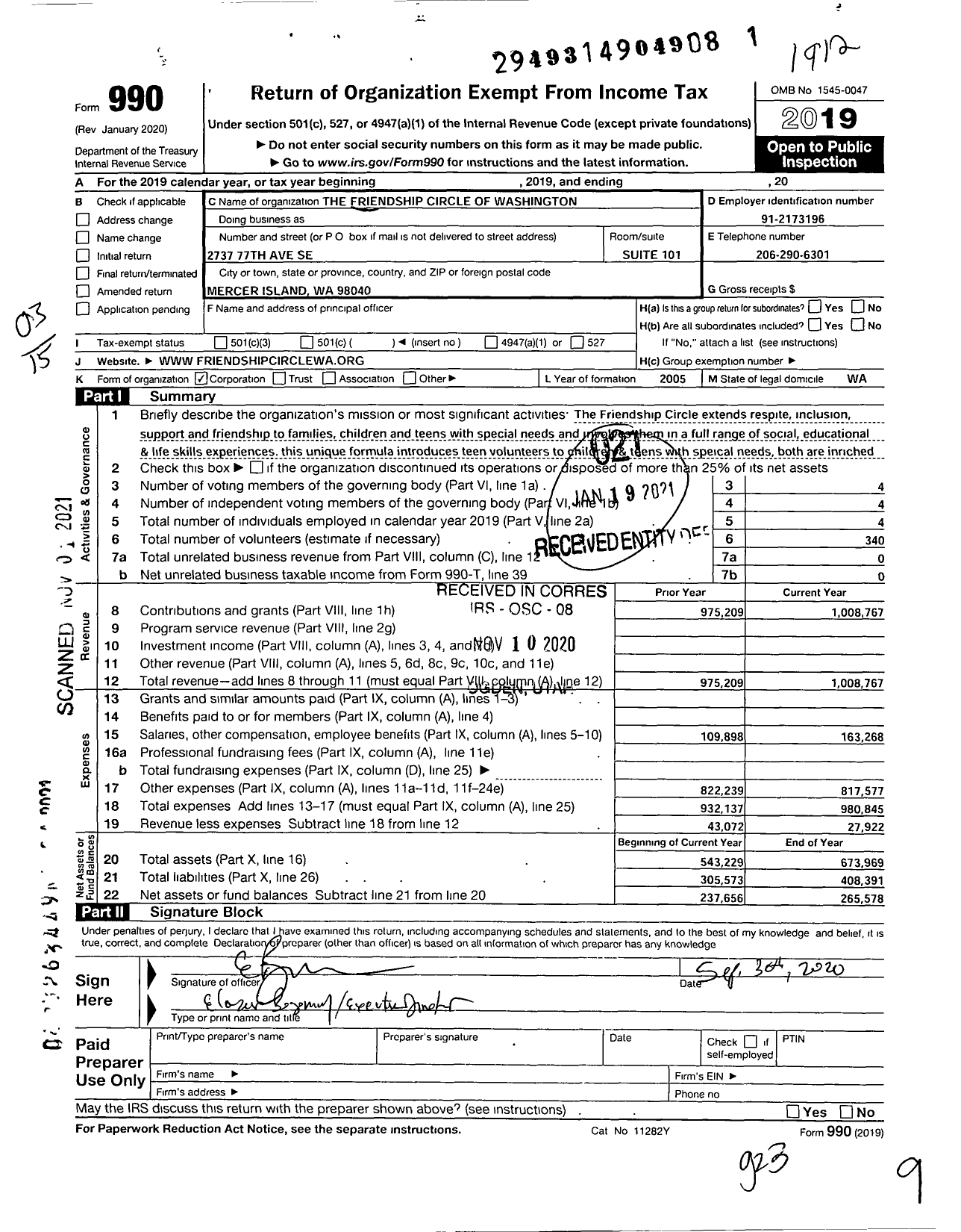 Image of first page of 2019 Form 990 for The Friendship Circle of Washington