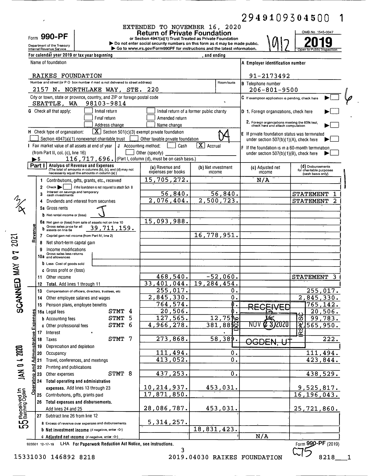 Image of first page of 2019 Form 990PF for Raikes Foundation