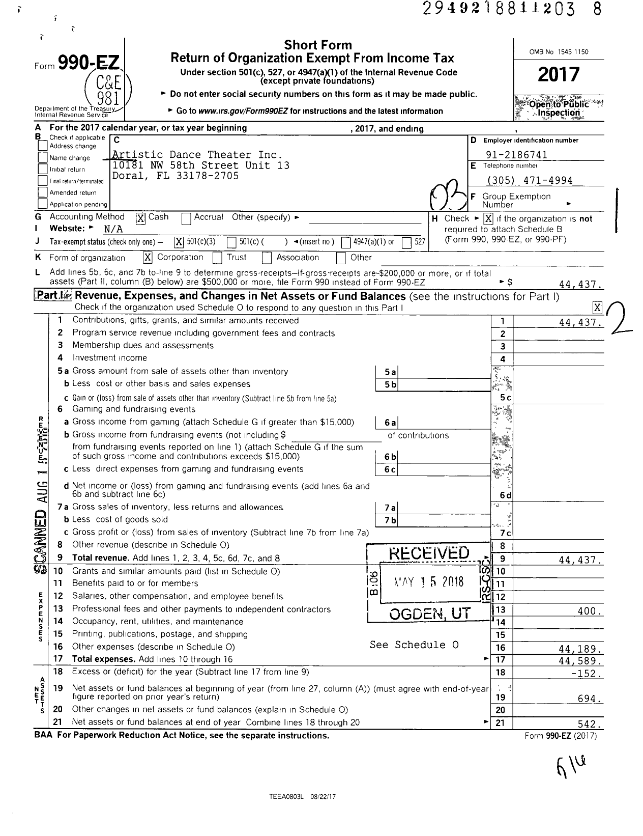Image of first page of 2017 Form 990EZ for Artistic Dance Theater