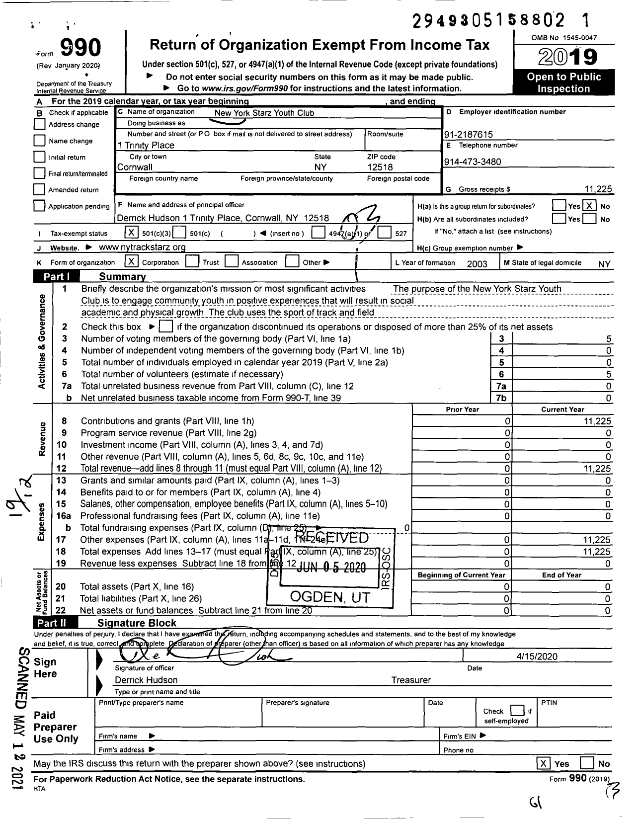 Image of first page of 2019 Form 990 for New York Starz Track Club