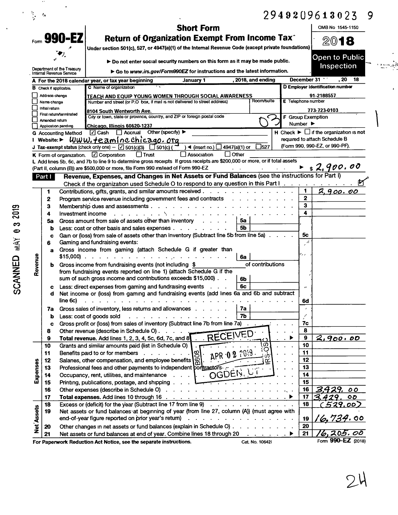 Image of first page of 2018 Form 990EZ for Teach and Equip Young Women Through Social Awareness and Mature Ethics