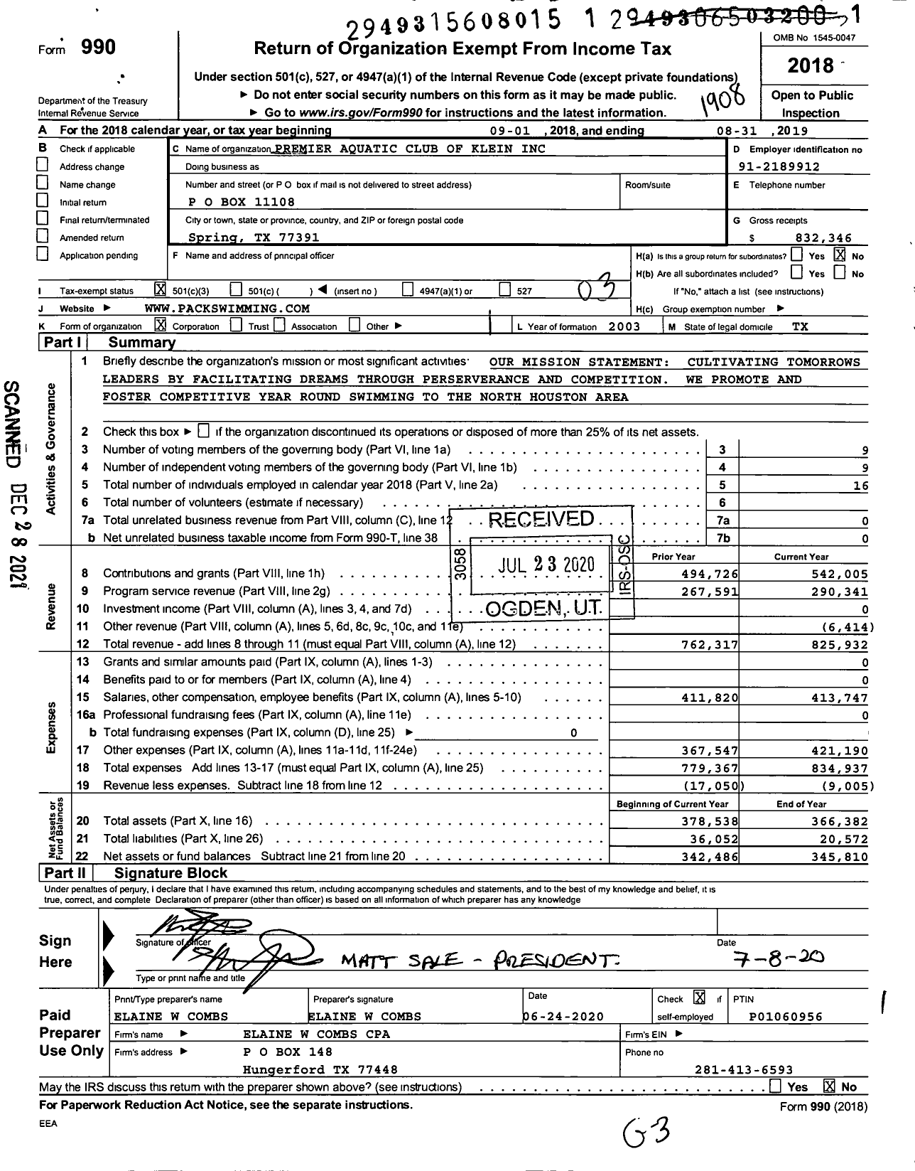 Image of first page of 2018 Form 990 for Premier Aquatic Club of Klein