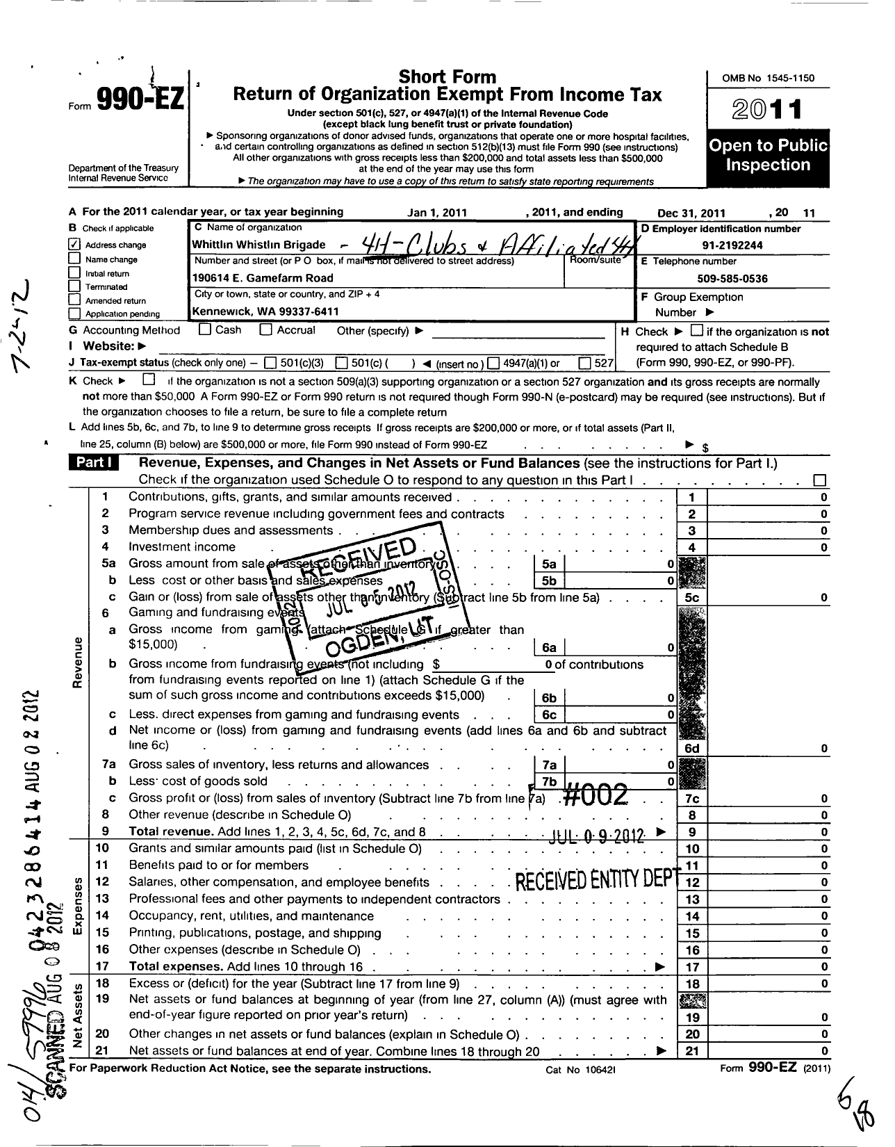 Image of first page of 2011 Form 990EO for 4-H Clubs and Affiliated 4-H Organizations / Whittlin Whistlin Brigade