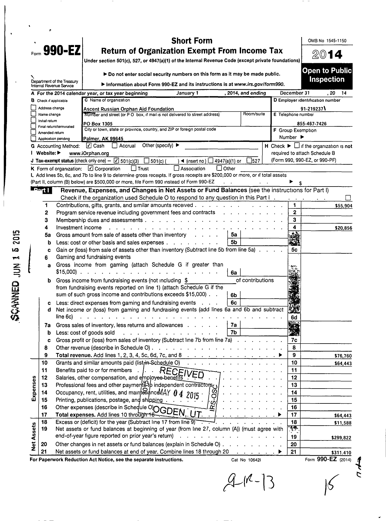 Image of first page of 2014 Form 990EZ for Ascent Russian Orphan Aid Foundation