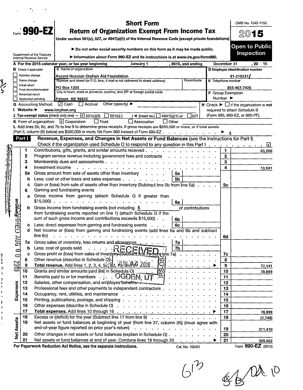 Image of first page of 2015 Form 990EZ for Ascent Russian Orphan Aid Foundation