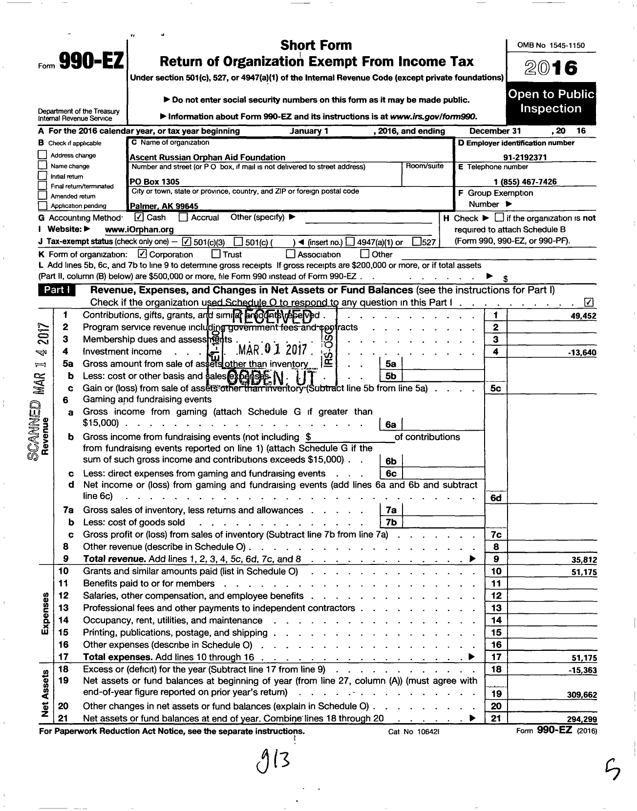 Image of first page of 2016 Form 990EZ for Ascent Russian Orphan Aid Foundation