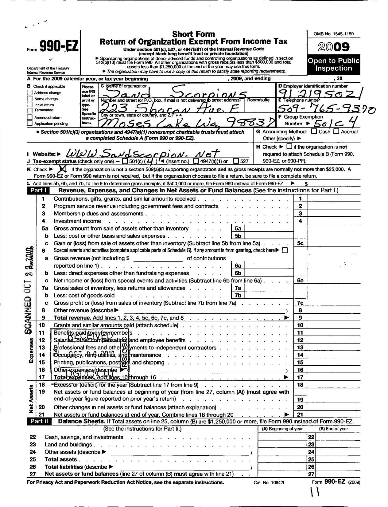 Image of first page of 2009 Form 990EO for Sand Scorpions