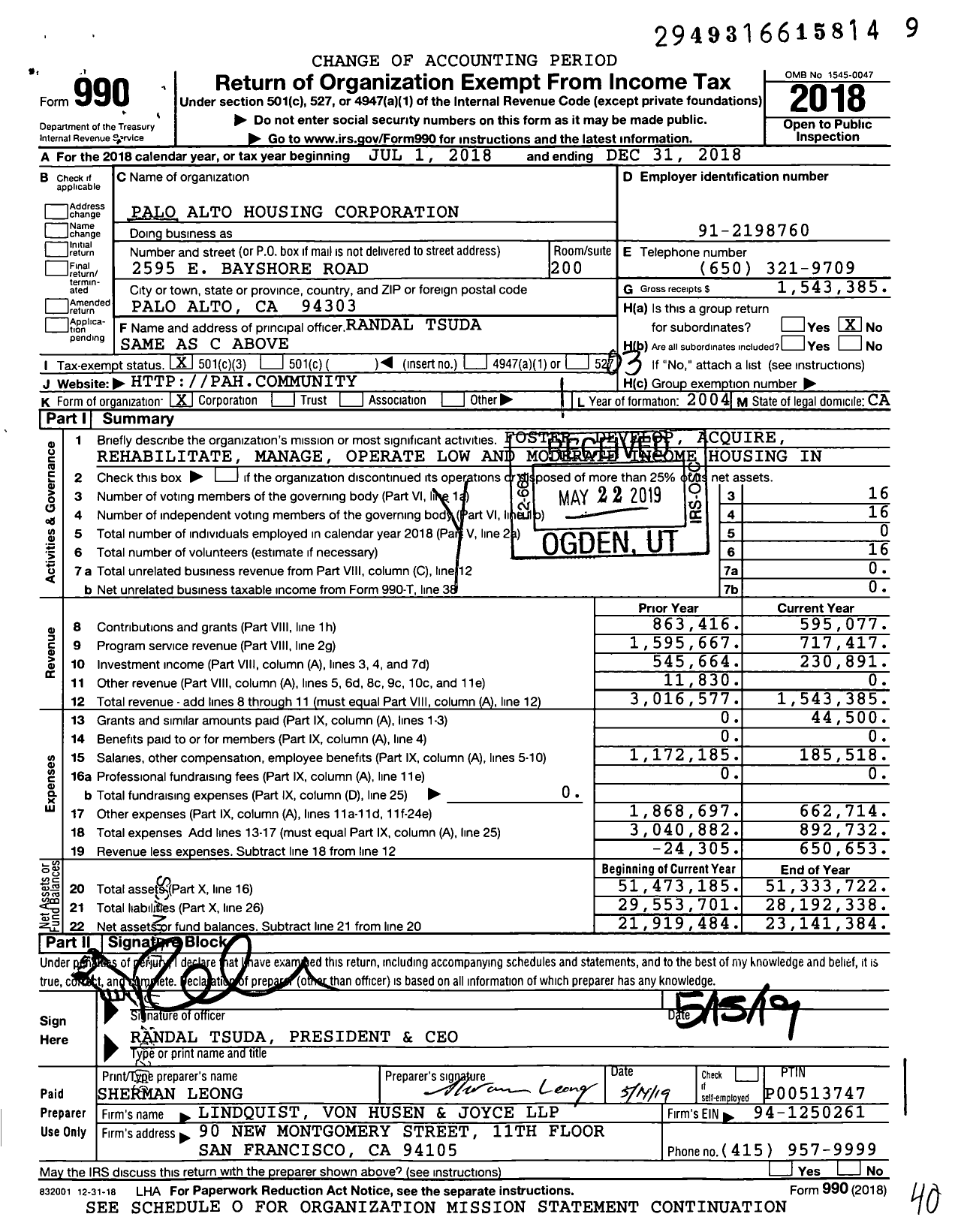 Image of first page of 2018 Form 990 for Alta Housing