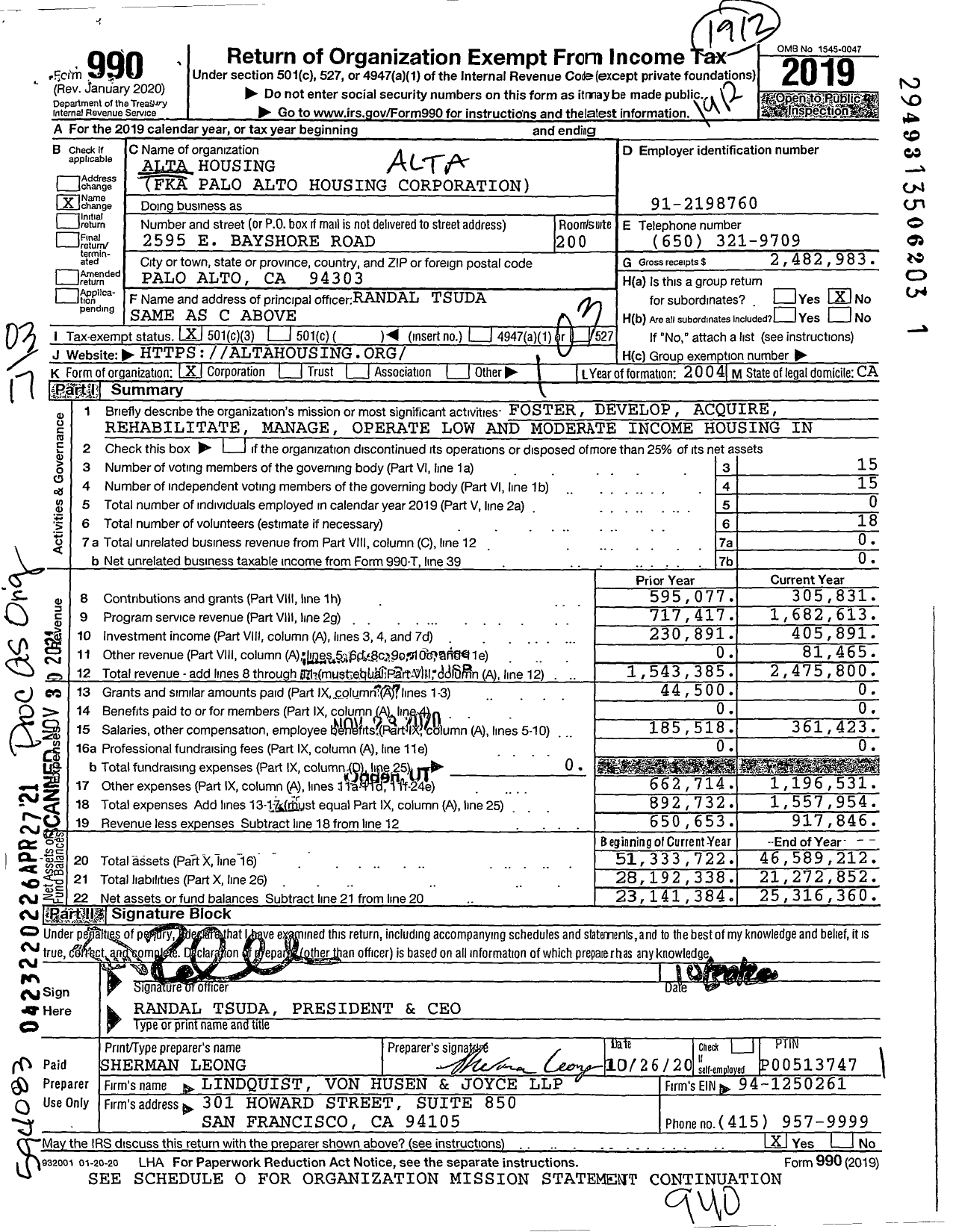 Image of first page of 2019 Form 990 for Alta Housing