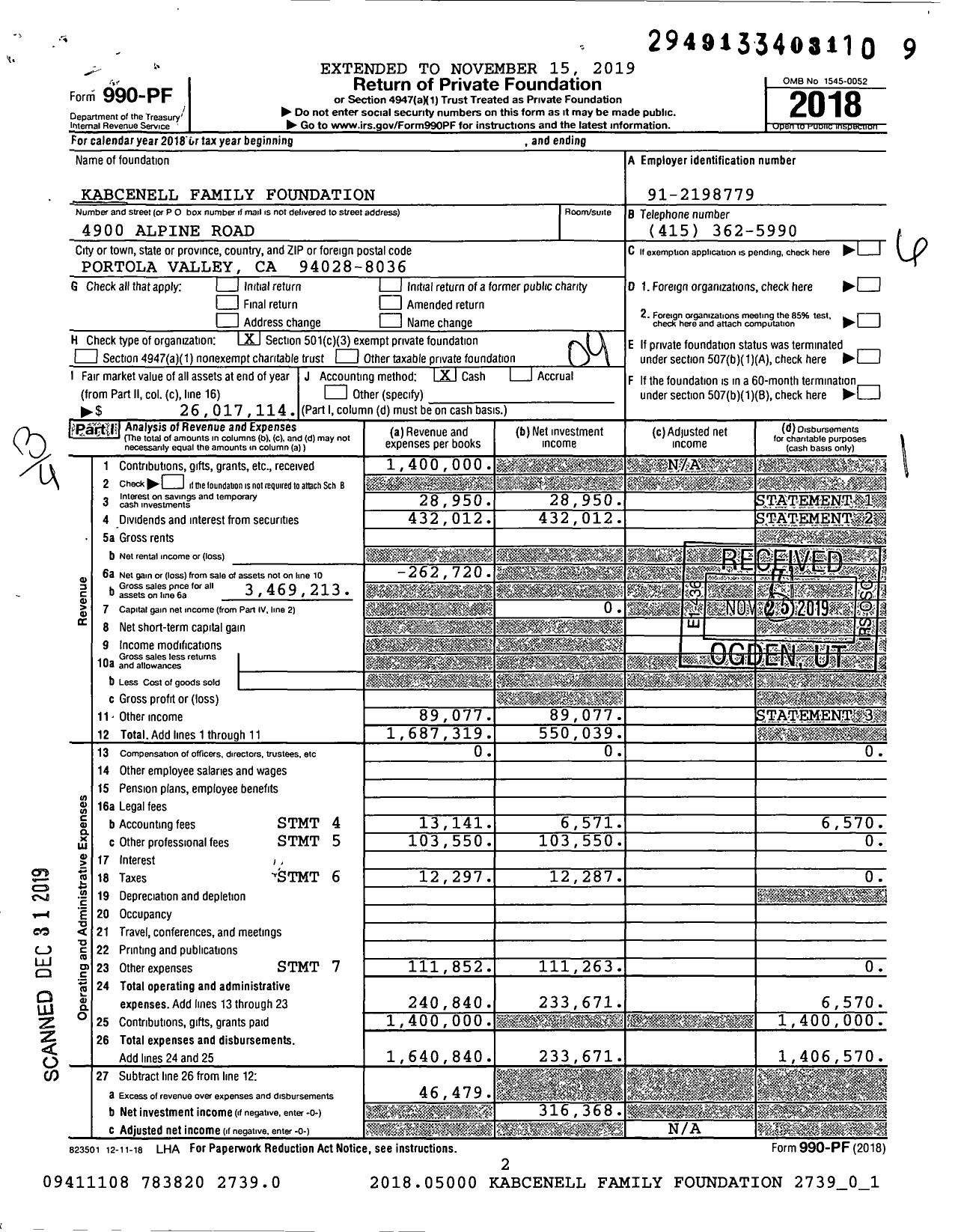 Image of first page of 2018 Form 990PF for Kabcenell Family Foundation
