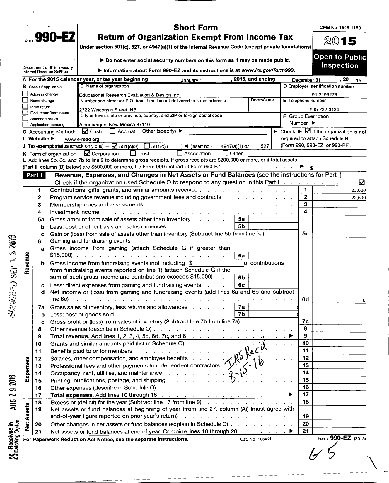 Image of first page of 2015 Form 990EZ for Educational Research Evaluation and Design (EREAD)