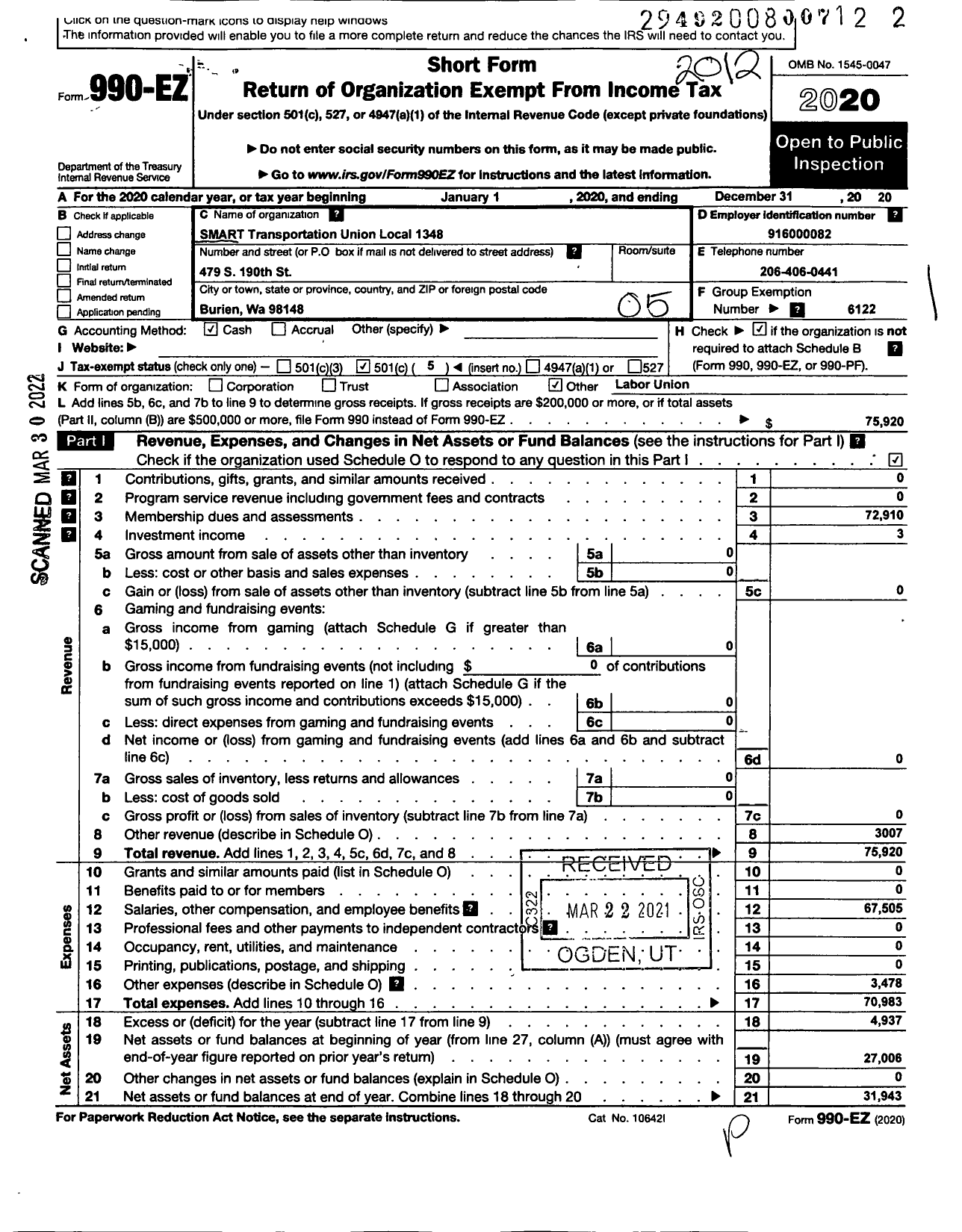 Image of first page of 2020 Form 990EO for Smart Union - 1348 TD