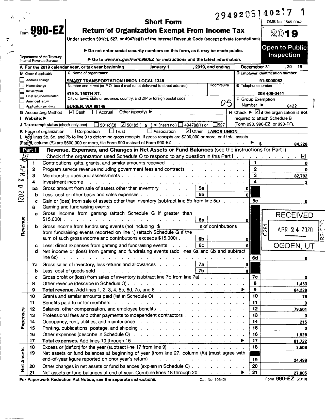 Image of first page of 2019 Form 990EO for Smart Union - 1348 TD