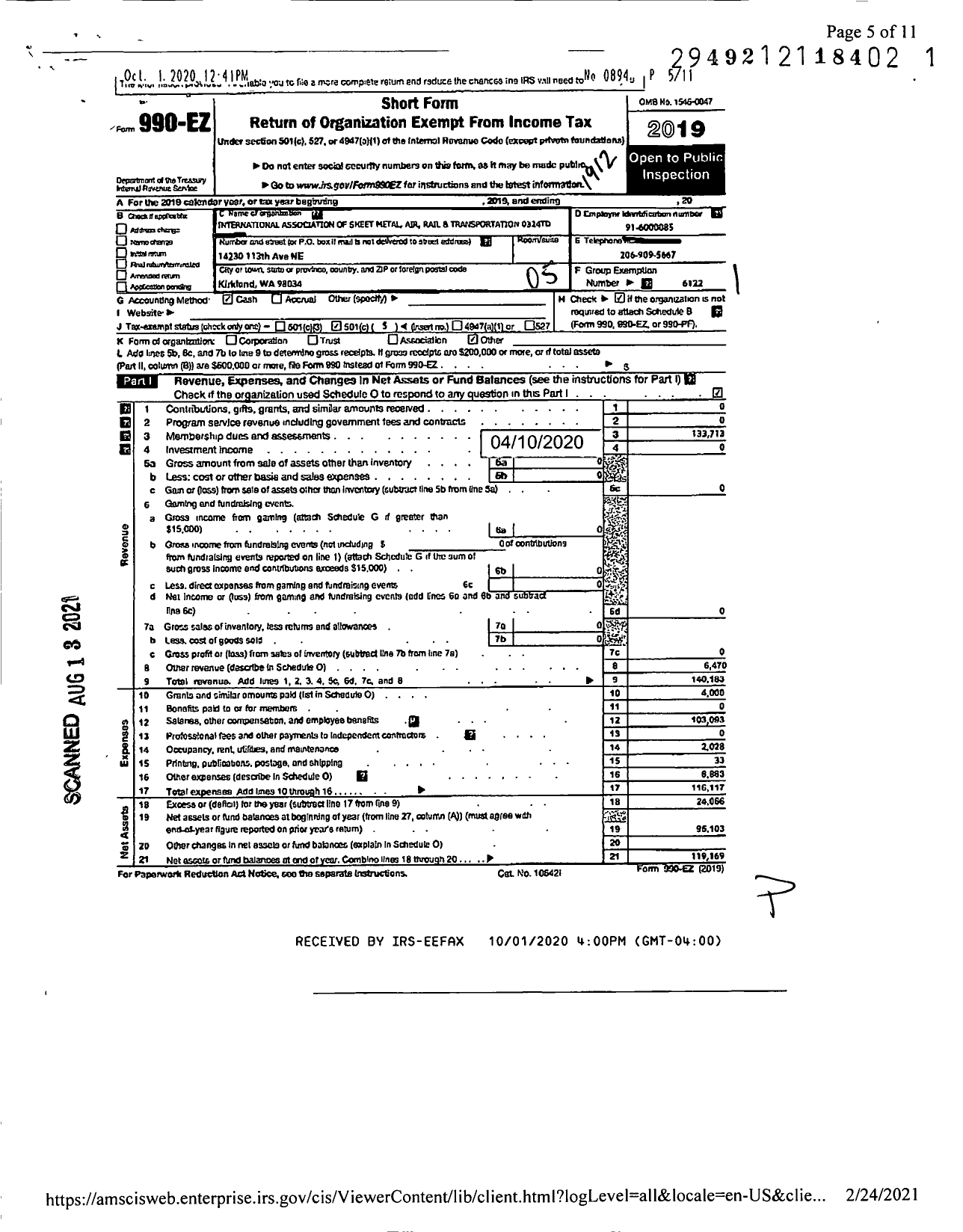 Image of first page of 2019 Form 990EO for Smart Union - 324 TD