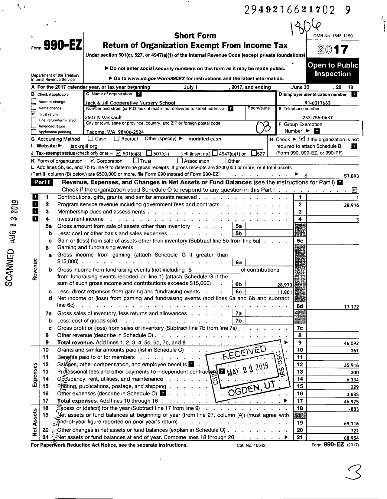 Image of first page of 2017 Form 990EZ for Jack and Jill Cooperative Nursery School