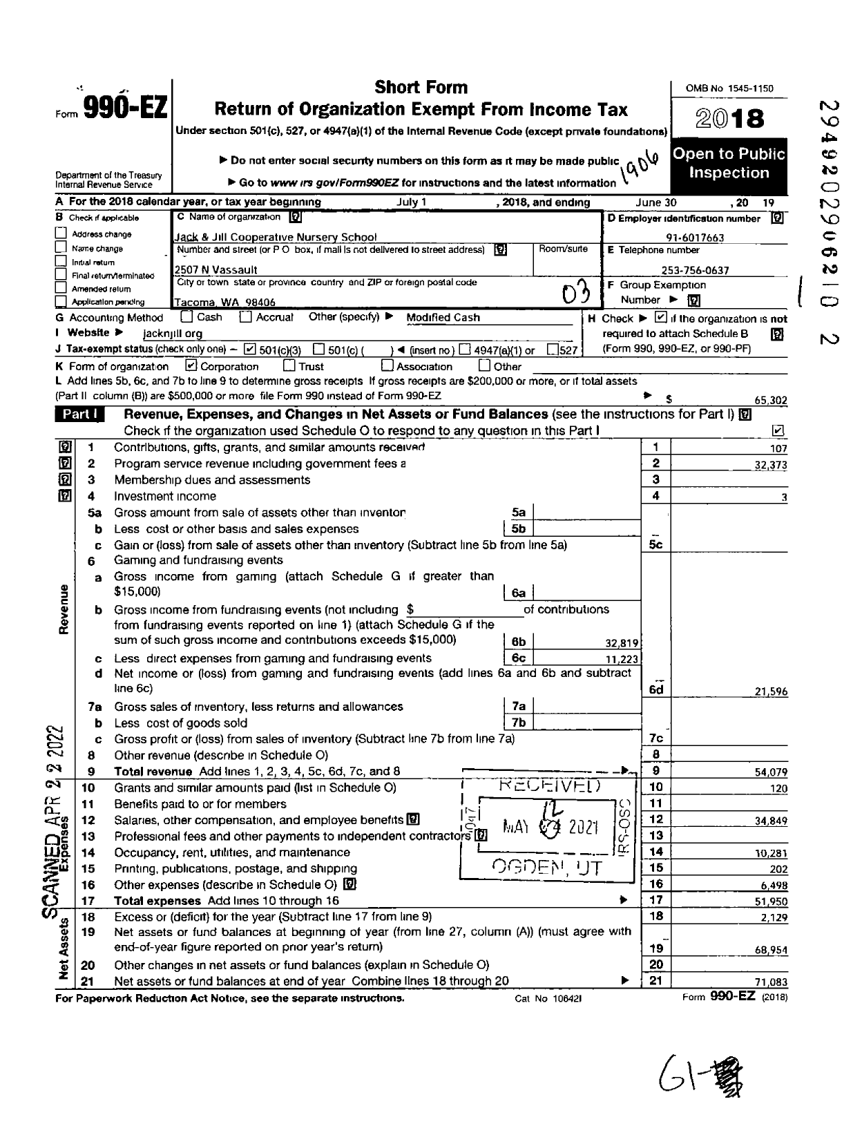 Image of first page of 2018 Form 990EZ for Jack and Jill Cooperative Nursery School