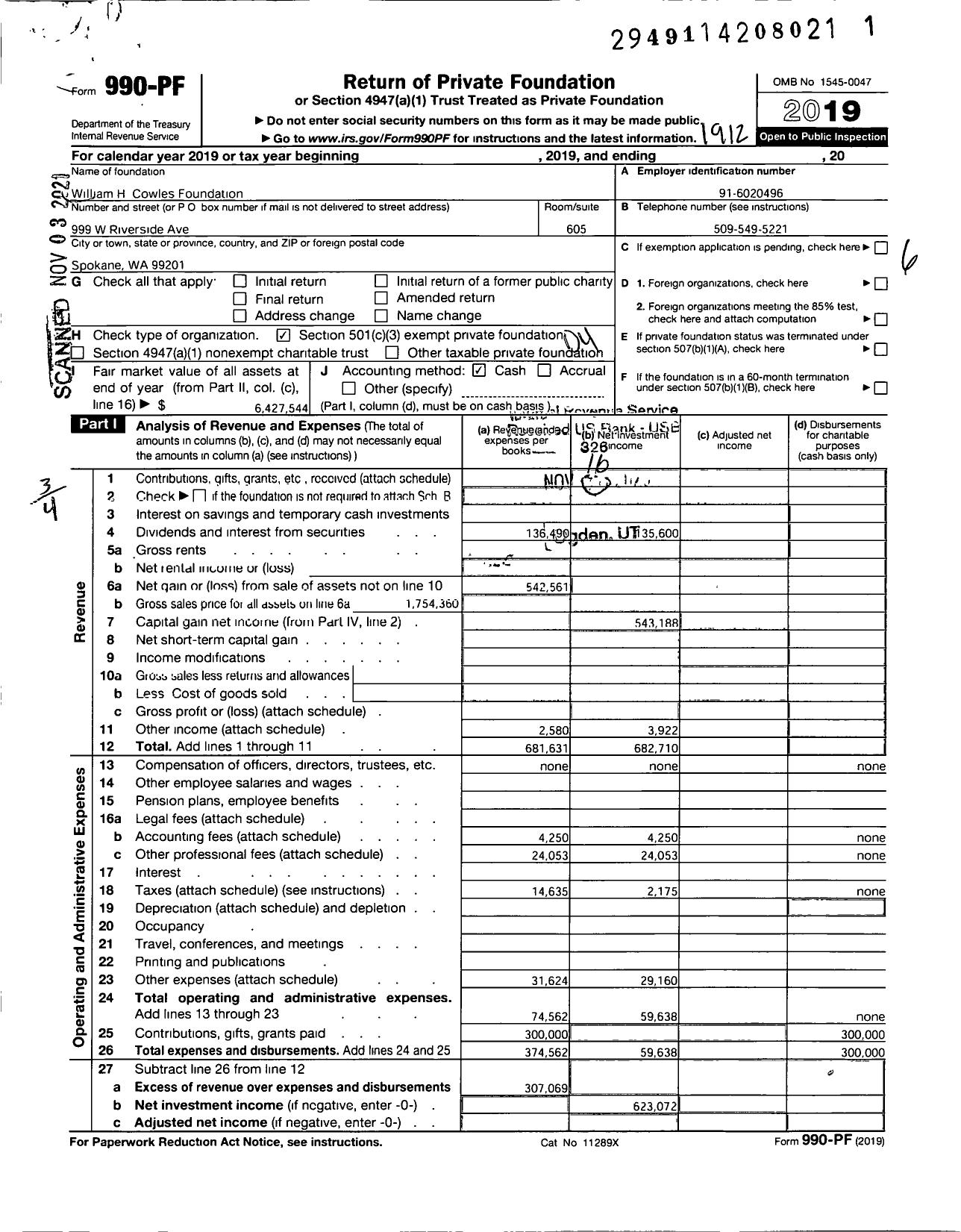 Image of first page of 2019 Form 990PF for William H Cowles Foundation